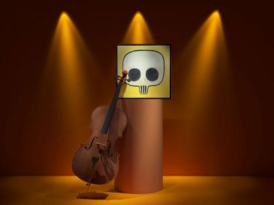 3D-animation av upplyst konstverk och instrument mot podium