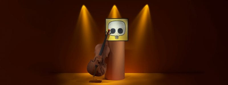 3D-animation av upplyst konstverk och instrument mot podium