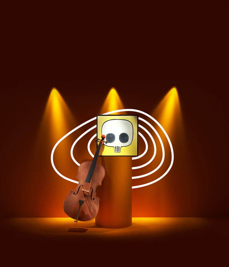 Upplyst konstverk och instrument mot podium