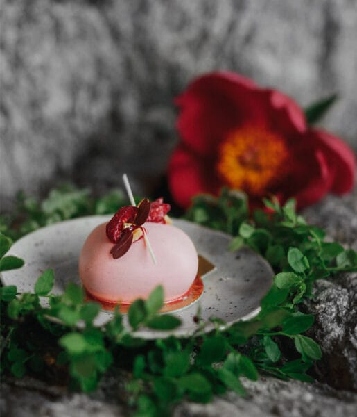 Rosa bakelse på tallrik