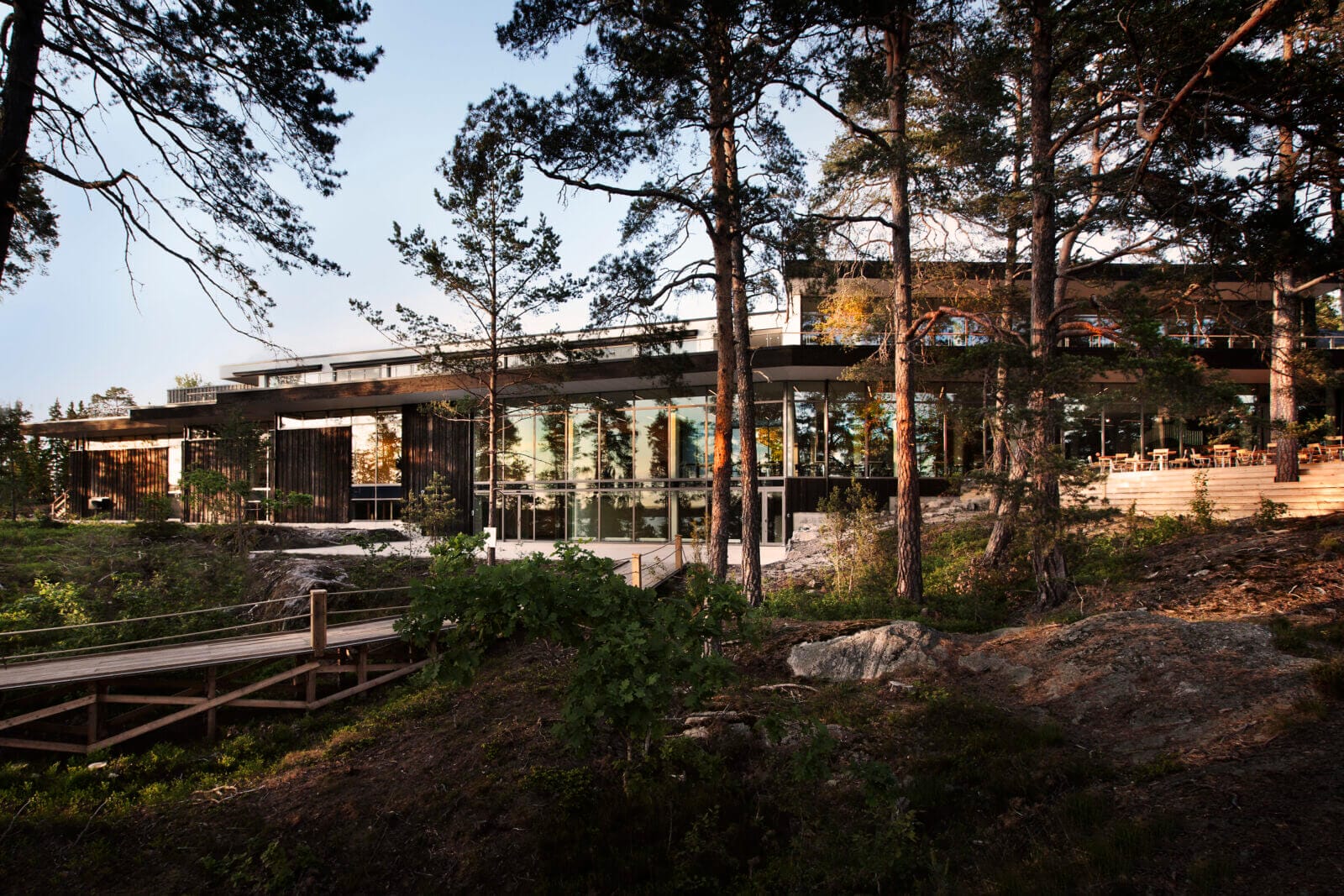 Artipelags moderna exteriör med stora fönster. Bilden är tagen på byggnaden med solbelysta tallar i förgrunden.
