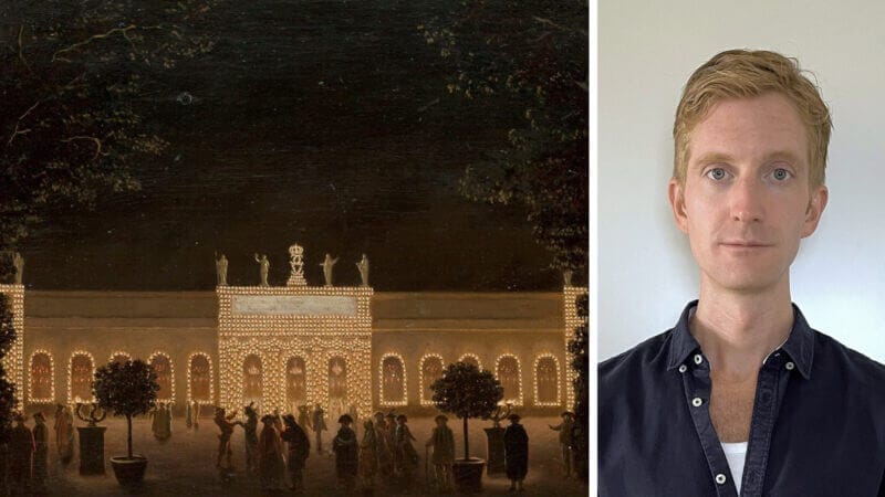 Delad bild: till vänster, en målning av en upplyst byggnad på natten med människor utanför, som frammanar magin i Den förtrollade skogen – ett divertissement; till höger står en man med ljust hår i en mörk skjorta mot en enfärgad bakgrund.