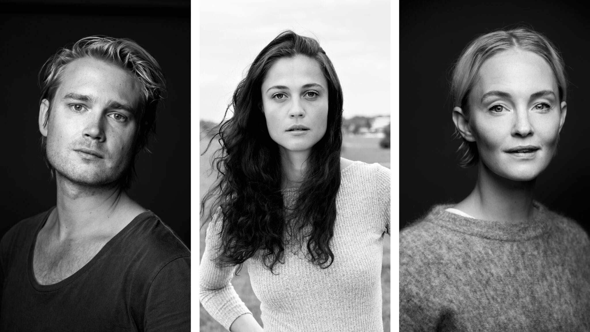 Tre individuella svartvita porträtt: en man med ljust hår, en kvinna med långt mörkt hår och en kvinna med ljust hår, alla tittande rakt in i kameran.