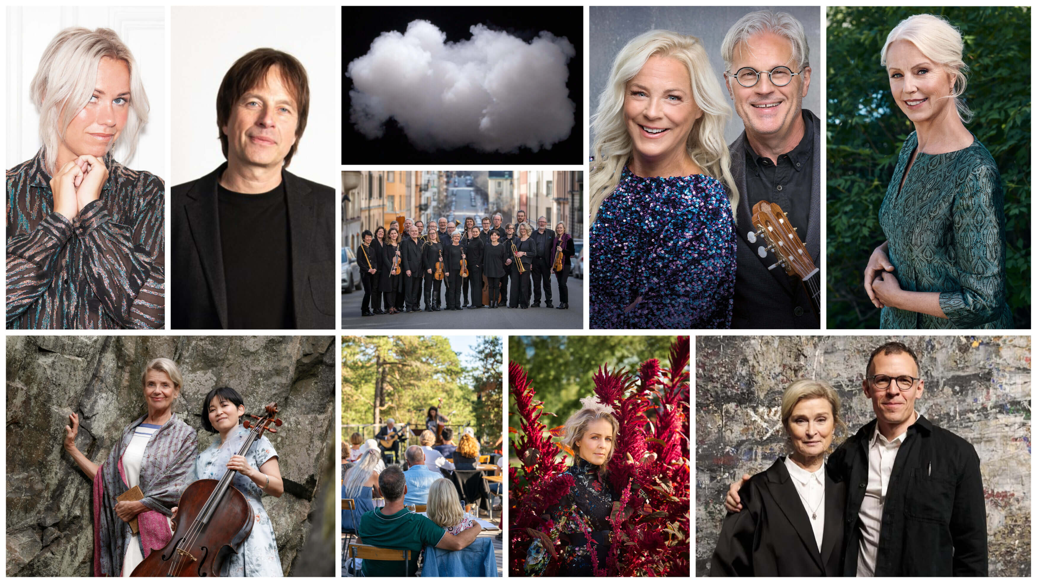 Collage av musiker, artister och konstnärer i olika miljöer – porträtt, utomhusscener och en molnbild i mitten – som fångar den livfulla andan av Scensommar 2025.