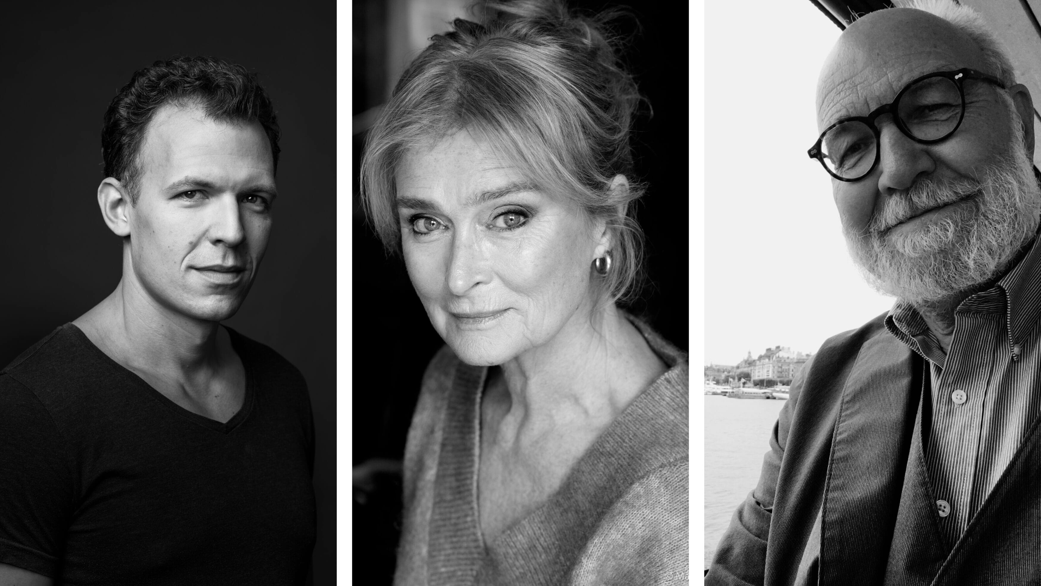 Tre svartvita porträtt av vuxna: en man i mörk skjorta, en kvinna med ljust hår klädd i tröja och en äldre man med glasögon och skägg.