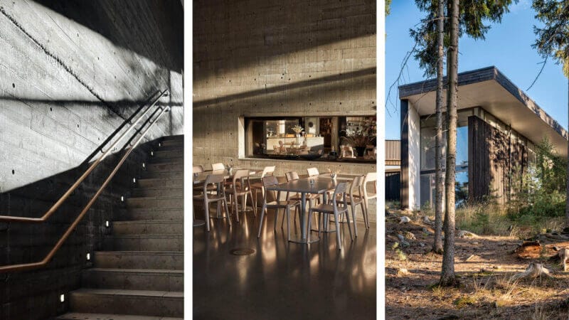 Trepanelsbild: den första bilden innehåller en modern byggnadsinredning innefattande en trappa i betong. På bild nummer två syns en interiör med betongväggar, stolar och bord. Bild tre innefattar husets exteriör med stora fönster, och solbelysta tallar.