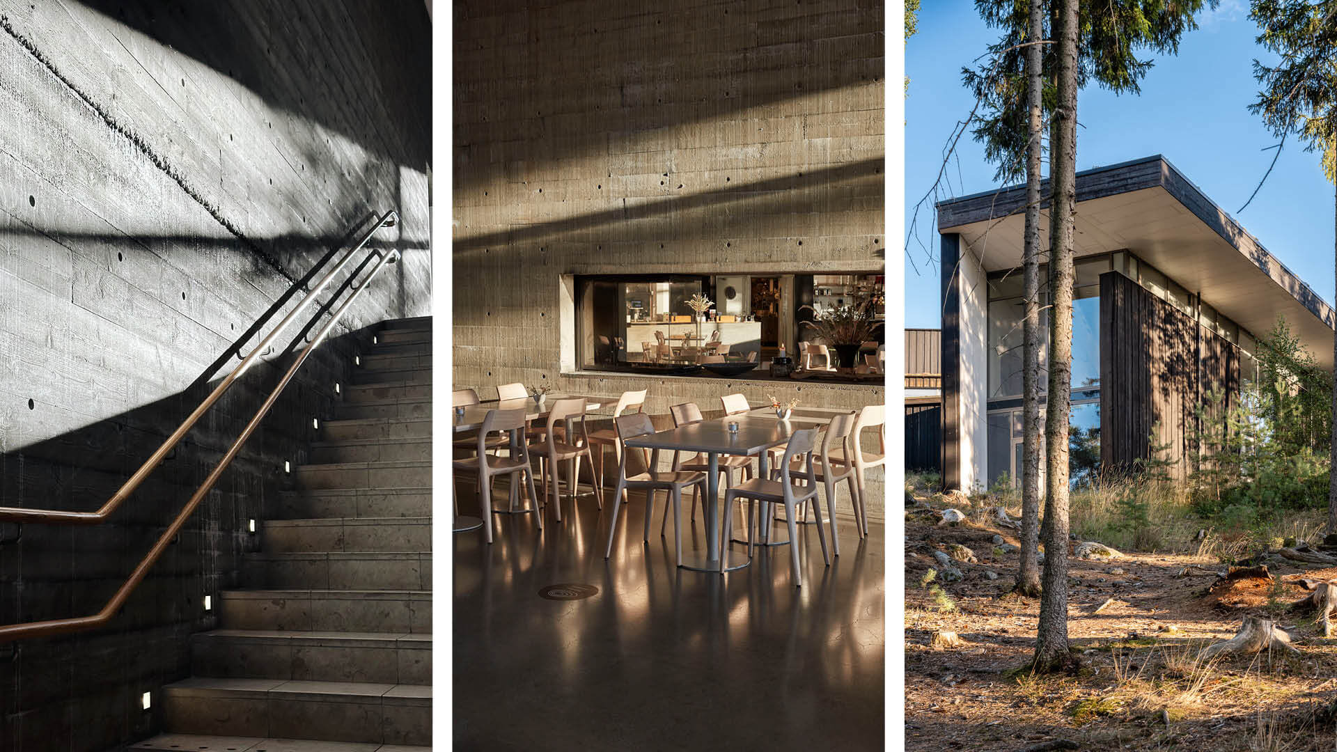 Trepanelsbild: den första bilden innehåller en modern byggnadsinredning innefattande en trappa i betong. På bild nummer  två syns en interiör med betongväggar, stolar och bord. Bild tre innefattar husets exteriör med stora fönster, och solbelysta tallar.