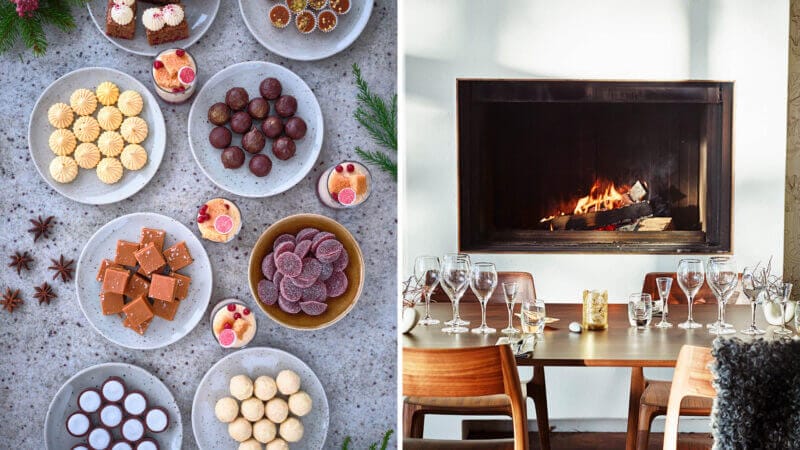 Två bilder i en. På bilden till vänster syns olika sorters julgodis uppdukade på fat. Julgodiset består av ljusa- och mörka chokladpraliner, kolor och mintpraliner. På bilden till höger syns ett dukat bord framför en brasa.