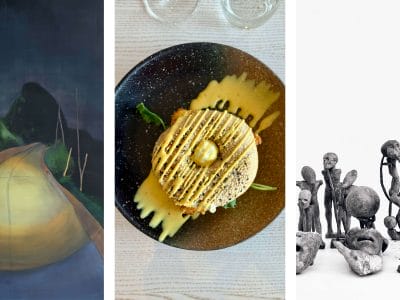 Tre bilder varav två bilder innehållande konstverk och en bild med en tallrik med en bagel.