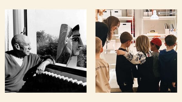 Två bilder med beige bakgrund där bilden till vänster föreställer ett svartvitt foto med en man som sitter och tittar ut genom fönstret på ett träd utanför och på ett konstverk som står på fönsterbrädan. Bilden till höger är med en grupp barn som står i en utställningslokal med en konstguide. Guiden håller i en barnvisning av pågående utställning.