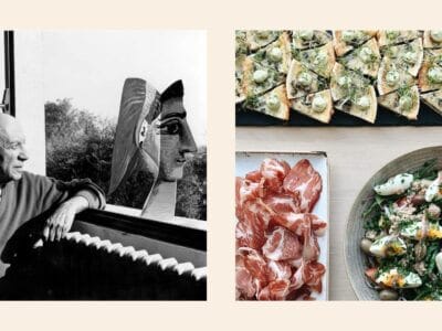 Två bilder med beige bakgrund där bilden till vänster föreställer ett svartvitt foto med en man som sitter och tittar ut genom fönstret på ett träd utanför och på ett konstverk som står på fönsterbrädan. Bilden till höger är tagen uppifrån och föreställer 3 tallrikar med olika maträtter/plockmat.