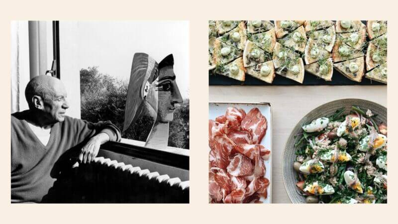 Två bilder med beige bakgrund där bilden till vänster föreställer ett svartvitt foto med en man som sitter och tittar ut genom fönstret på ett träd utanför och på ett konstverk som står på fönsterbrädan. Bilden till höger är tagen uppifrån och föreställer 3 tallrikar med olika maträtter/plockmat.