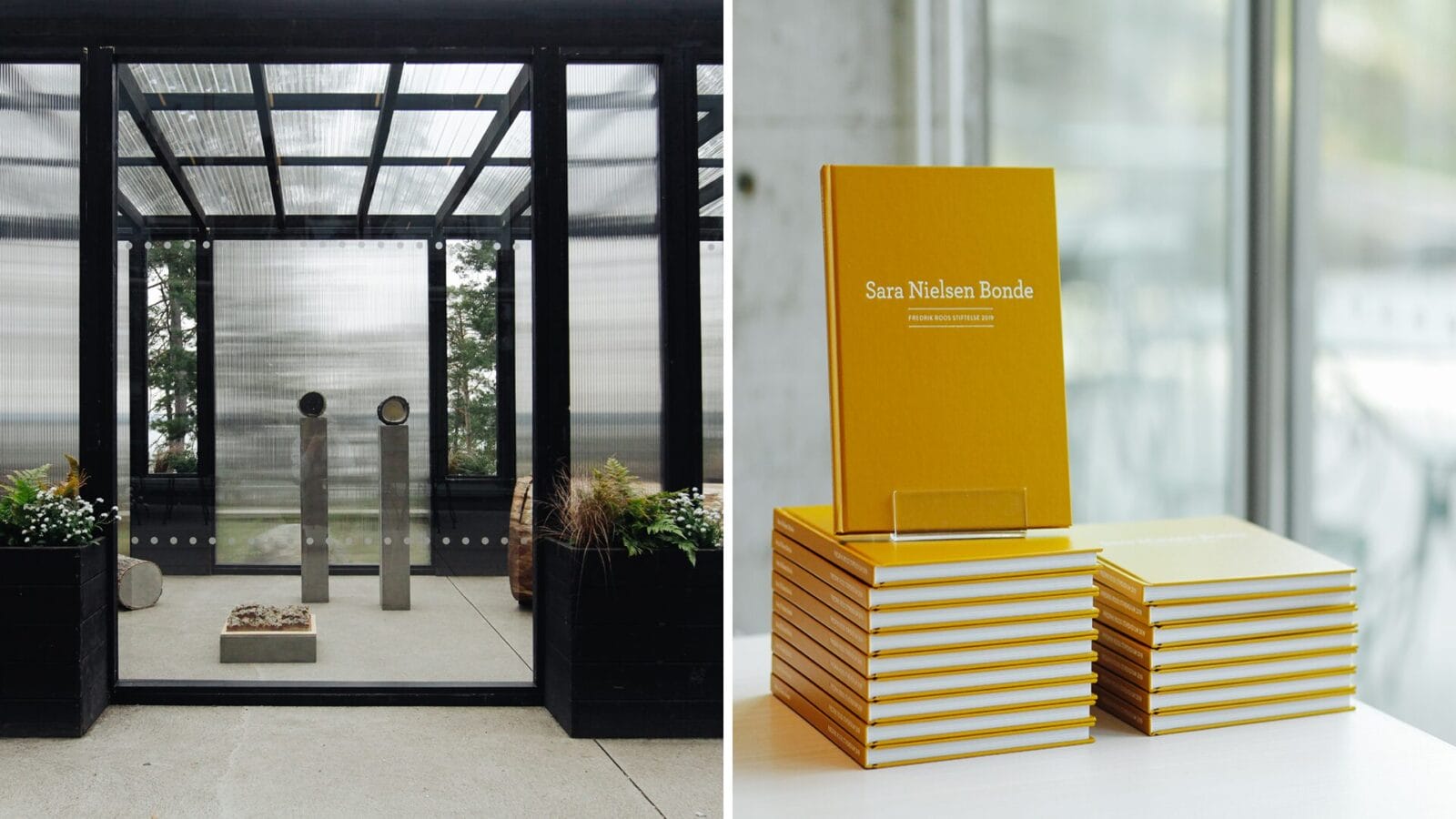 Två bilder: bilden till vänster visar en installation/ett verk i en utställning, i en pergola. Bilden till höger visar en trave gula utställningskataloger.