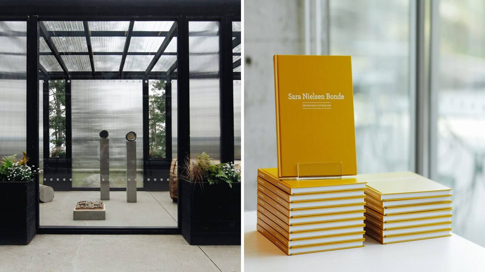 Två bilder: bilden till vänster visar en installation, i en del av en utställning, i en pergola. Bilden till höger visar en trave med gula utställningskataloger.