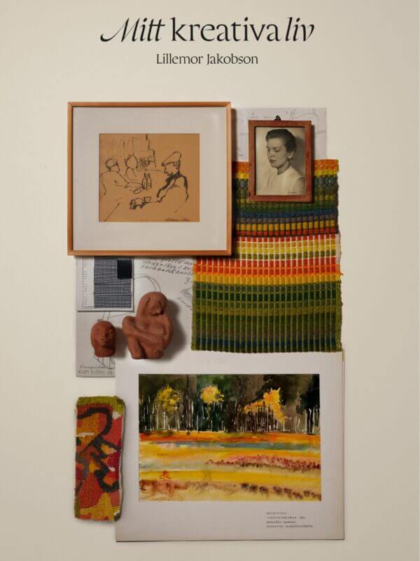 Ett collage bestående av ett inramat svartvitt foto, inramad teckning, en vävd textil, skisser och skulptur i lera.