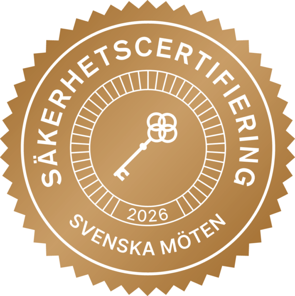 En rund logga gällande säkerhetscertifiering från Svenska Möten.