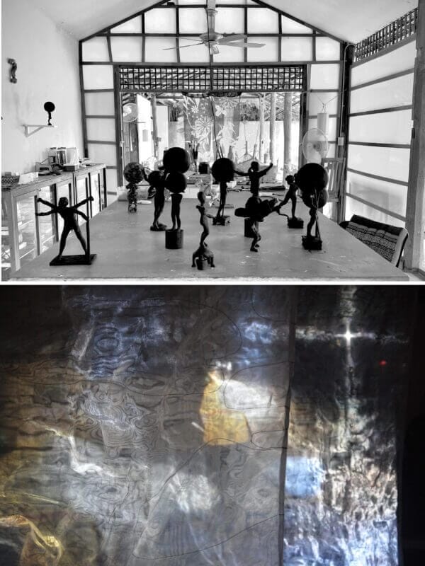 Två bilder: Bronser i ateljén i Chiang Mai, fotograf Fredrik Wretman. The night laid a hundred eyes on my skin, 2024, fotograf Apichaya Wanthiang.