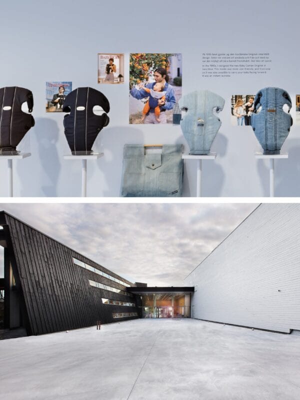 Två bilder: ovan bild med Babybjörns babyselen. Bilden nedan är en exteriörbild på Artipelag.