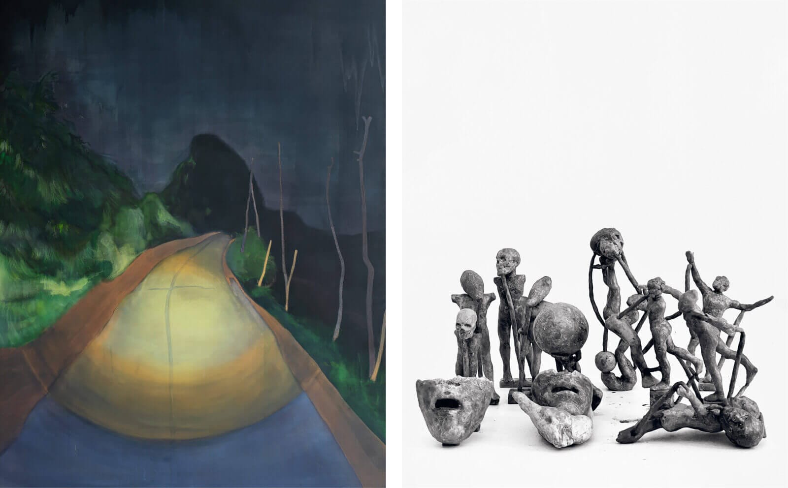 Två bilder: bild till vänster - en målning av Apichaya Wanthiang. Bild till höger - en grupp abstrakta vaxskulpturer med grov textur av Fredrik Wretman föreställer mänskliga figurer och ansikten mot en enkel, ljus bakgrund.