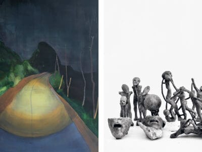 Två bilder: bild till vänster - en målning av Apichaya Wanthiang. Bild till höger - en grupp abstrakta vaxskulpturer med grov textur av Fredrik Wretman föreställer mänskliga figurer och ansikten mot en enkel, ljus bakgrund.